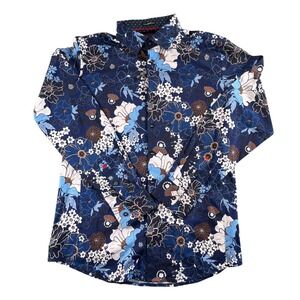 Au Noir 360 Stretch Navy Blue Floral Mercerized Cotton Button Down Shirt 4 L